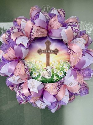 Cross And Lamb Blessed Easter Wreath, 25 Inches In Diameter