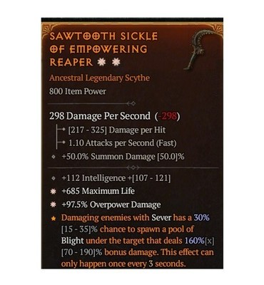 Diablo 4 Eternal Sawtooth Sickle Of Empowering Reaper 2GA Legendary Scythe Gear