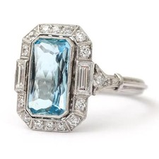 Art Deco Style 5.0 Ct Emerald Cut Lab-Created Aquamarine 14K White Gold FN Ring