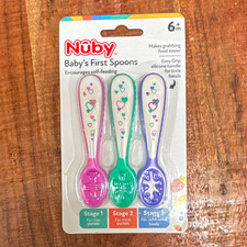 Nuby Baby's First Spoons Easy Grip Silicone 3-Pack, 6 Months Pink/Green/Purple
