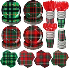 288 Pcs Christmas Plaid Tableware Supplies Red and Green Plaid Paper Disposable