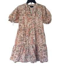 MSK Floral Print Puff Sleeve Ruffle Tiered Mini Dress Cream and Brown - Size S