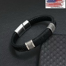 Men's Stainless Steel Plated Leather Bracelet Magnetic Silver Clasp Bangle A0