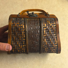 Vintage 1960s Wooden Box Purse Woven Bamboo Rattan Handbag Boho Farmhouse Decor