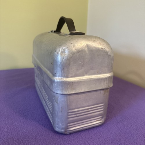 Vintage Non Rust Aluminum Sanit-Kit Lunch Box Leather Handle Metal Miner Pail - Picture 4 of 22