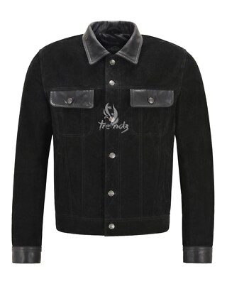 Herren Trucker Lederjacke schwarz Wildleder Skipper Kragen Western Hemd Jacke 1280