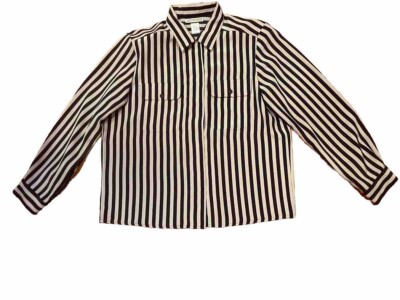 Womens Shirt Blouse Notations Size 12 Shoulder Pads Beige Black Striped Buttons