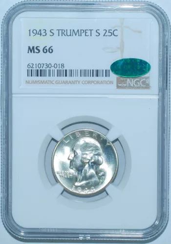 1943 S NGC MS66 CAC FS-501 Trumpet Tail S Washington Quarter