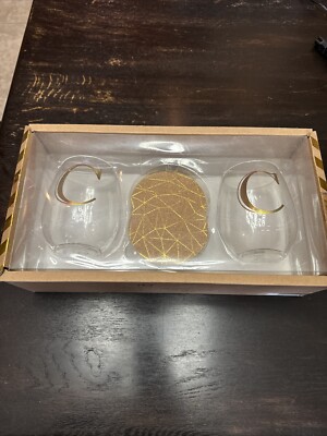 Stemless Wine Glass Gift Set and Coasters with Gold C Monogram New Set Holiday
