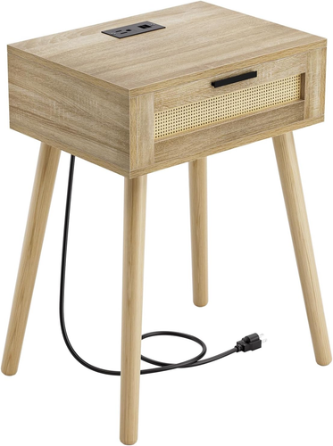 Rattan Nightstand, Night Stands with Charging Station & Modern Decor Drawer, Bed
