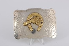 VINTAGE NICKEL SILVER BELT BUCKLE W/ GOLDTONE GUN HORSESHOE 0629