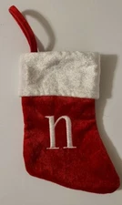 Mini Red Christmas Stocking  Monogram LETTER n Silver Embroidered 6 in