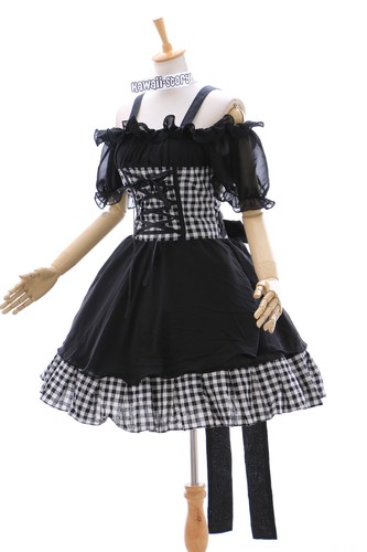 M-3308 Cuadros Negro Gótico Punk Lolita Mangas Puff Vestido Disfraz Cosplay - Imagen 6 de 12