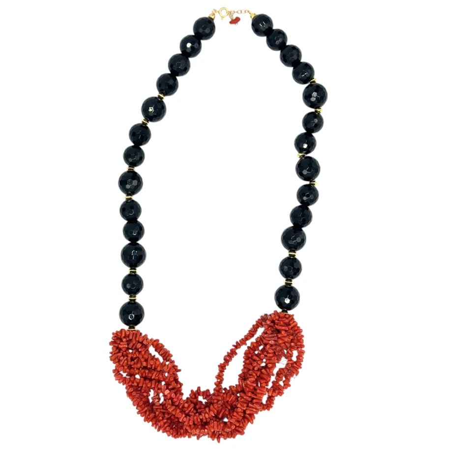 COLLANA AGATA NERA CON CORALLO MULTIFILO E ARGENTO - Immagine 2 di 4