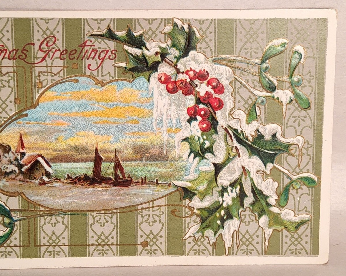 1921 Christmas Greetings Postcard, Embossed, Lt. Gold Gilded