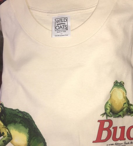 Camiseta Budweiser 1995 de colección Frog Truck avena salvaje punta única nuevo de lote antiguo L 42 beige - Imagen 10 de 12