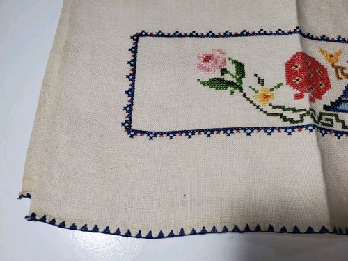 Vintage Leinen Geschirrtuch Handstickerei Vögel Pfauen Blumen Elfenbein 17x28" Vintage - Bild 9 von 11