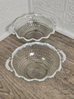 Pair of Anchor Hocking Hobnail Moonstone Opalescent Dish Bowl Glass Ruffled Edge