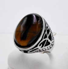 Men ring brown tiger's eye simulated stainless steel silver VTG look Size 9.5