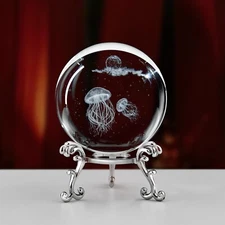 3D Laser Etched Jellyfish Crystal Ball with Stand, Crystal  2.4 in