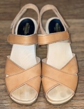 Swedish Hasbeens Sz 37 Chunky Cross Sandal Heeled Leather Wooden Clogs