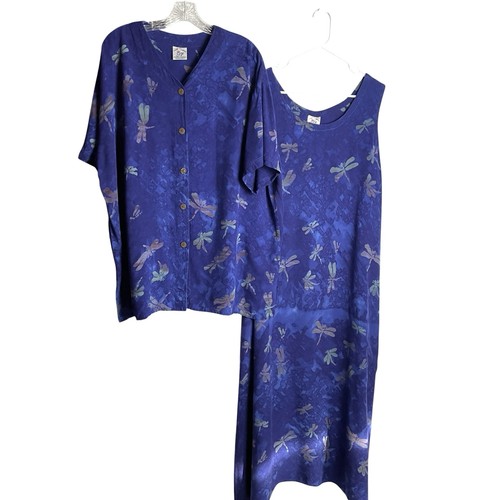 Vintage Young Fashion Maxi Dress Over Shirt Set Size 2/2X Cobalt Dragonfly Batik