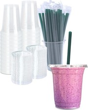 12 oz Clear Plastic Cups W/ Lids STRAWS Disposable Drinking Cups Cold Drinks