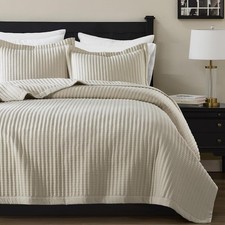 Beige Queen Size Quilt Set, Striped Pick Stitch Lightweight Bedspread, Soft