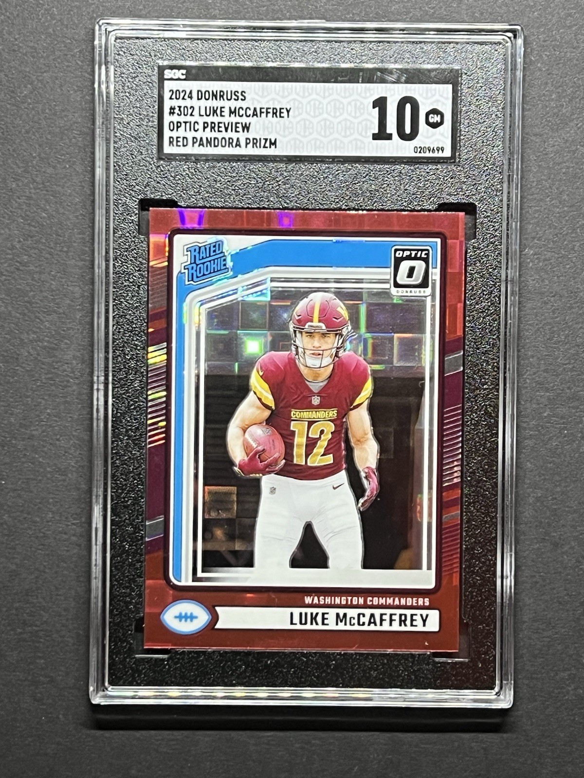 🔥 Luke McCaffrey 2024 Donruss Optic Preview Red Pandora Rated Rookie SGC 10 🔥