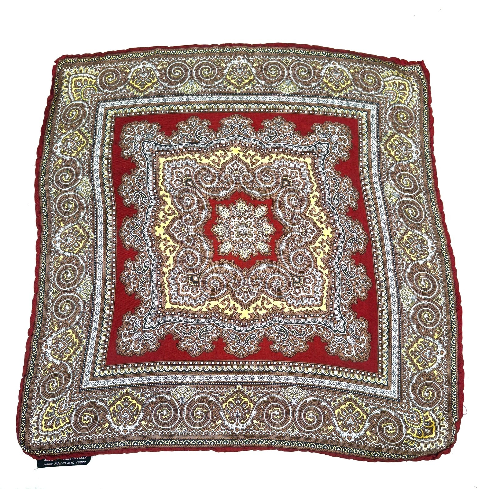 Vintage All Silk Hand Rolled Neckerchief Scarf Red Paisley Print Made In Italy