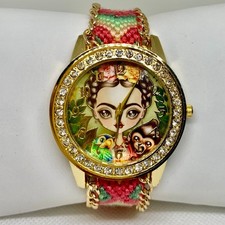 Reloj Mujer Frida Kahlo Estrás Tono Dorado 42mm Cuarzo Analógico Funcionamiento