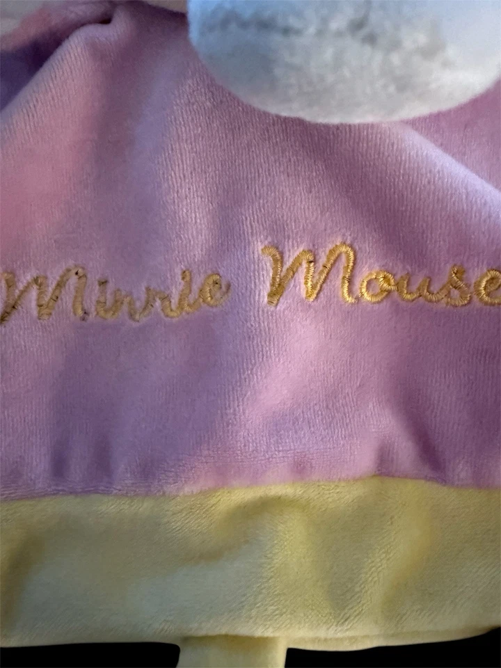 Manta de seguridad Lovey de Minnie Mouse de los parques de Disney rosa amarillo etiqueta peluche arrugado Foto 2 de 4