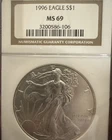 1996 American Silver Eagle Coin - NGC MS69 LOW MINTAGE -KEY DATE