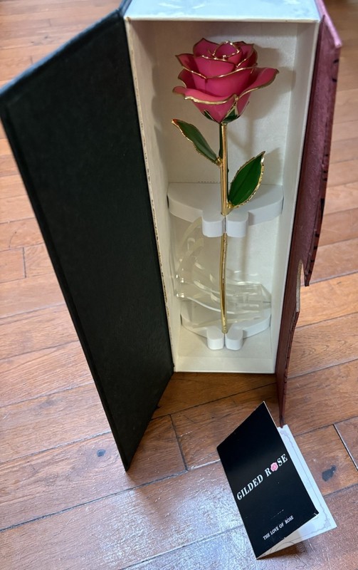 Artificial Pink Rose Flower Stem w/ Gold Trim in Gift Box, 12 in Metal