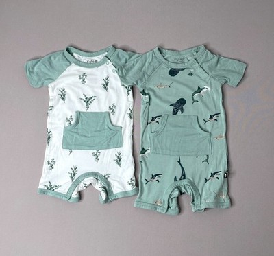 Kyte Baby Sage Green Shark and Eucalyptus Shortall Romper Lot Boys Girls 6-12 Mo