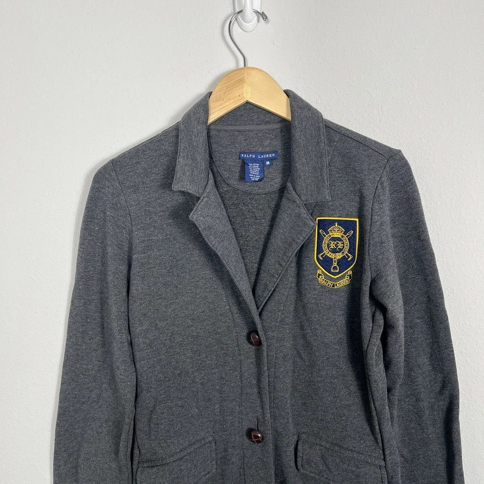 Chaqueta Blazer Ralph Lauren Mujer Gris Bordado Emblema Cresta Mediana Foto 3 de 4