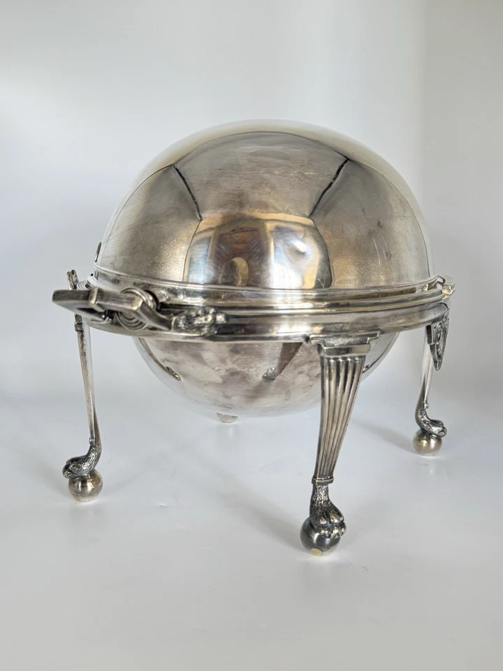 Antigua garra y pies de bola de servidor de desayuno con tapa enrollable soldada dura plateada Foto 2 de 4