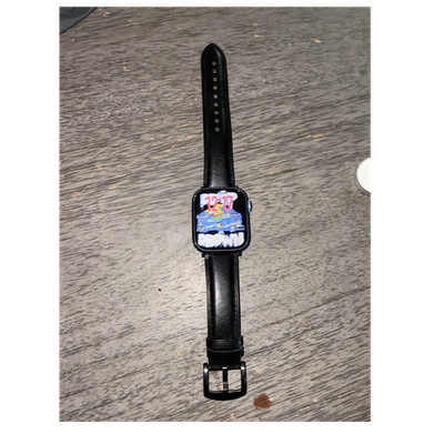 Apple Watch Series 7 45mm Blue Case Black Leather Band Touch Screen iOS