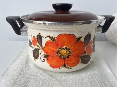 VTG Sanko Ware SHOW PANS Orange Flower 5 Qt Stock Pot w/ Lid Japan Enamel
