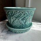 Vtg Turquoise McCoy Planter Hobnail and Leaves Design with Saucer Skinny 6x4