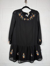 Japna Embroidered Boho Dress Womens Medium Black Swiss Dot Floral Sheer NEW