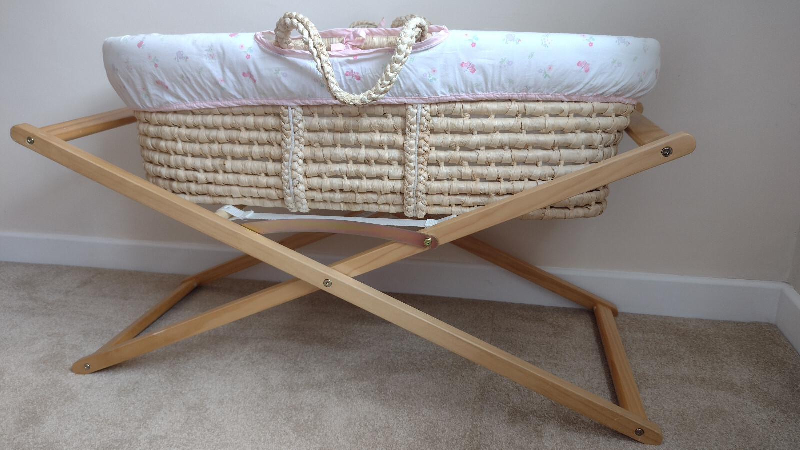 Mothercare Wicker Moses basket with folding stand, and mattress eBay