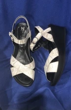 Mephisto 37 Comfrt Air Relax Leather Wedge Snap On Sandals Shoes Gray Snake $230