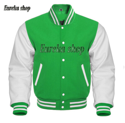Varsity Letterman Bomber Baseball College Jacket Wool & Real Leather Sleeves