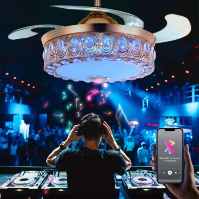 42'' Bluetooth Music Ceiling Fans Dimmable 7-Colors Crystal Chandeliers w/Remote