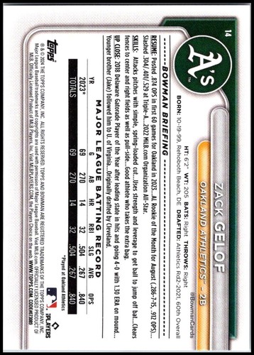 Bowman #14 Zack Gelof 2024 - Rookie RC ¡Envío gratuito! - Imagen 2 de 2