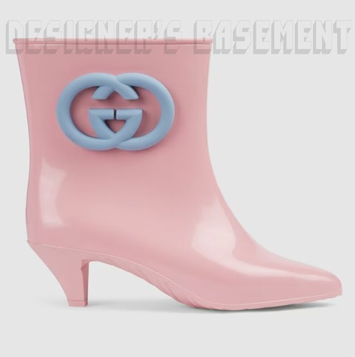 GUCCI 37 pink GENE blue Interlocking G logo rubber ankle RAINBOOTS Booties NIB - Picture 8 of 10