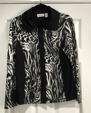 Weekends by Chico  s Black White Animal Print Poly Blend Snaps Jacket Size 1