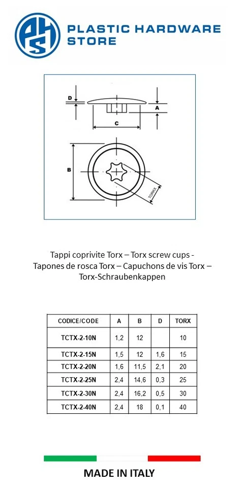 Coprivite/Cappuccio/Tappo plastica per viti Torx - PHS - Immagine 2 di 2