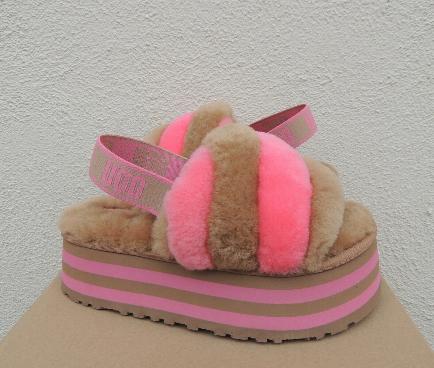 SANDALI SLIDE UGG CASTAGNA DISCOTECA RIGHE COMBO FLUFF DONNA US 8 EUR 39 ~NUOVI CON SCATOLA